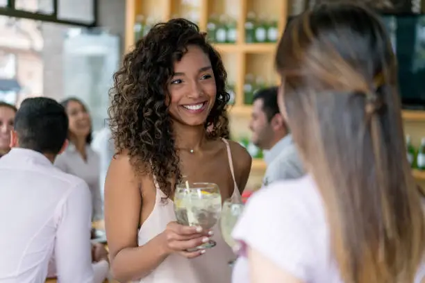 Portrait of a beautiful women having drinks at a bar and making a toast while smiling - lifestyle concepts