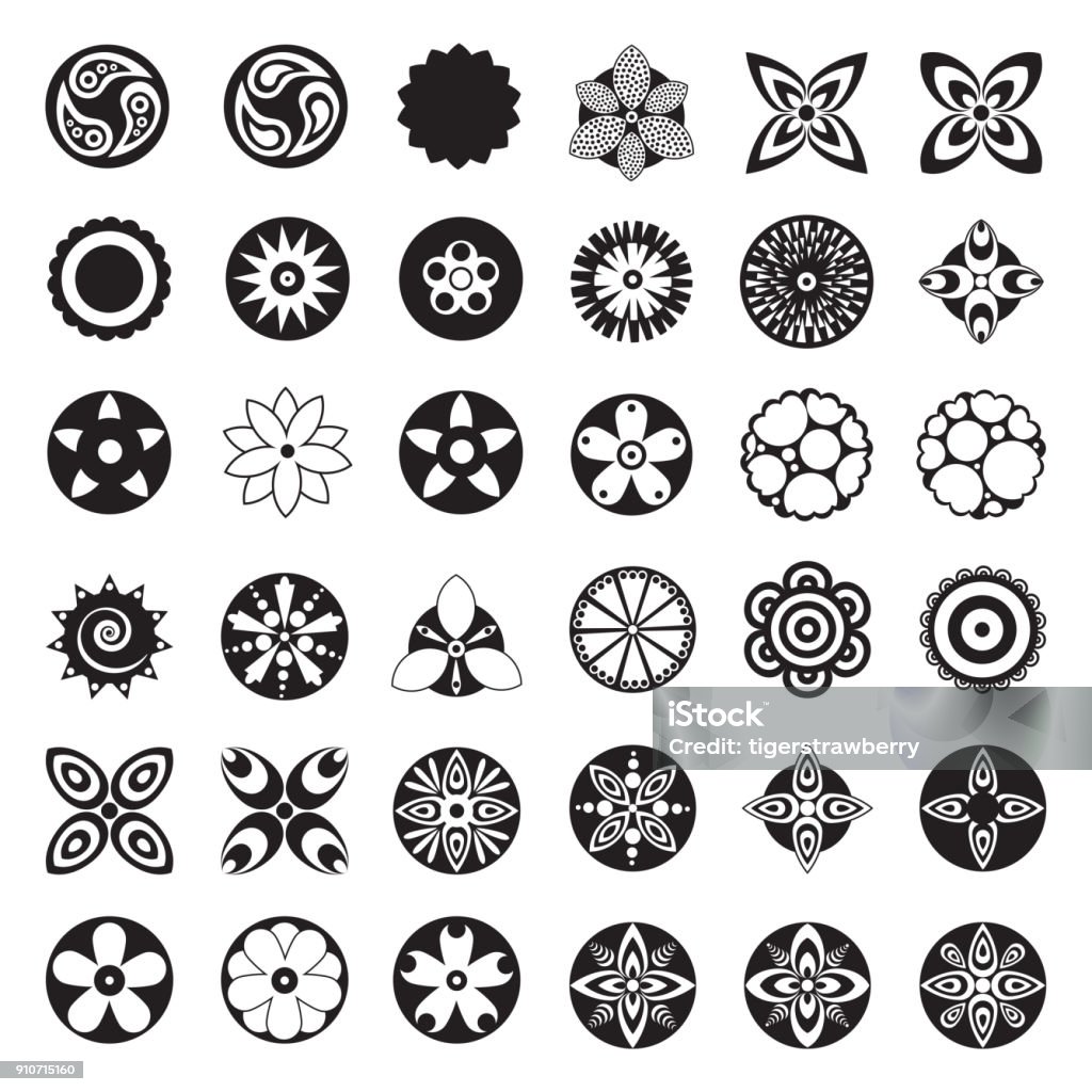 Large set of flat icon flower, icons silhouette, isolated. Pretty retro design for stickers, labels, logo, tags, gift wrapping paper patterns. vector Abstract stock vector