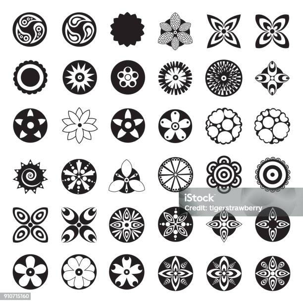 Large Set Of Flat Icon Flower Icons Silhouette Isolated Pretty Retro Design For Stickers Labels Logo Tags Gift Wrapping Paper Patterns Stock Illustration - Download Image Now