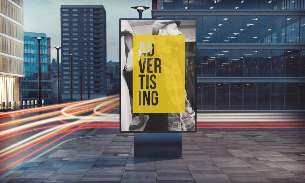 advertising billboard on the street 3d rendering of billboard outdoor advertising with long exposure road light trails commercial sign stock pictures, royalty-free photos & images