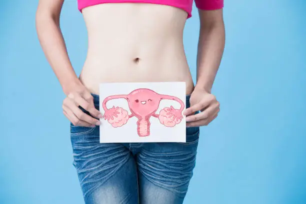 woman with uterus health concept on the blue background