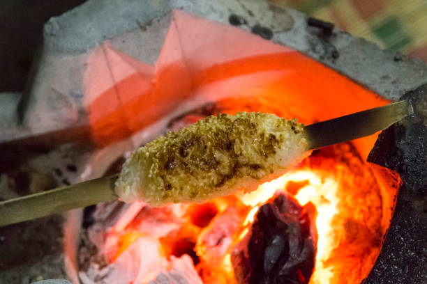 grill sticky rice and egg with bamboo