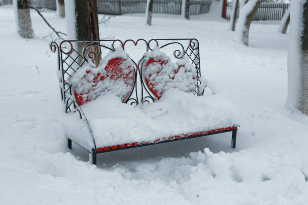 A photo of a bench in a winter park. An empty, lonely bench marked by a snowdrift.