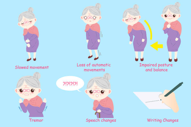 woman with parkinson disease old woman with parkinson disease on the blue background thinking fast and slow stock illustrations