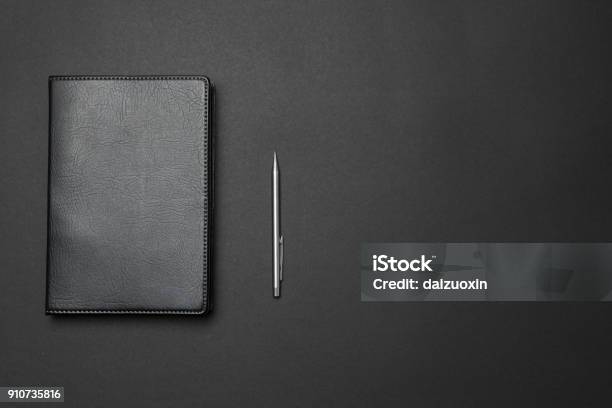 Notebook And Pen On The Desk Stock Photo - Download Image Now - Leather, Black Color, Template