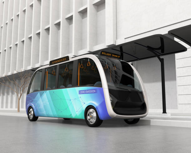 istock Self-driving shuttle bus waiting at bus station 910736210