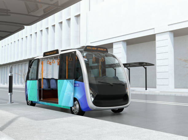 Self-driving shuttle bus waiting at bus station Self-driving shuttle bus waiting at bus station. The bus station equipped with solar panels for electric power. 3D rendering image. autonomous technology stock pictures, royalty-free photos & images