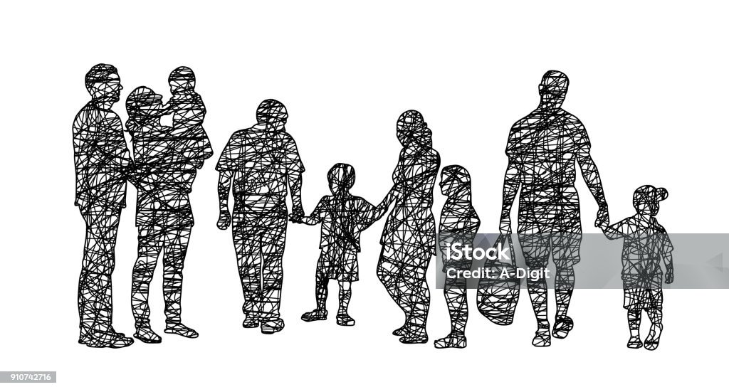 Family Thoughts Hand drawn illustration of a group of people with various family members, young and old Family stock vector