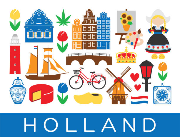 niederländische reisen symbole holland sehenswürdigkeiten amsterdam niederlande - amsterdam stock-grafiken, -clipart, -cartoons und -symbole