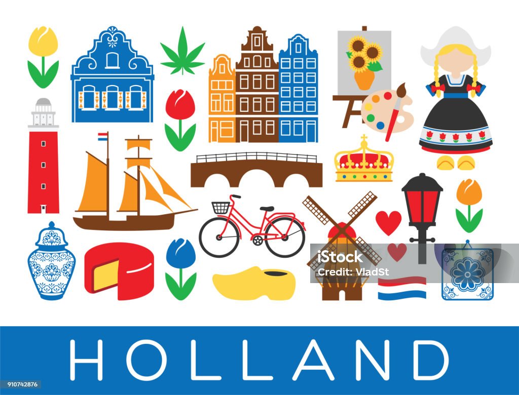 Голландские иконы путешествия Голландии достопримечательности Амстердам Нидерланды - Векторная графика Нидерланды роялти-фри