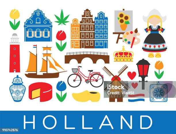 Голландские Иконы Путешествия Голландии Достопримечательности Амстердам Нидерланды — стоковая векторная графика и другие изображения на тему Нидерланды