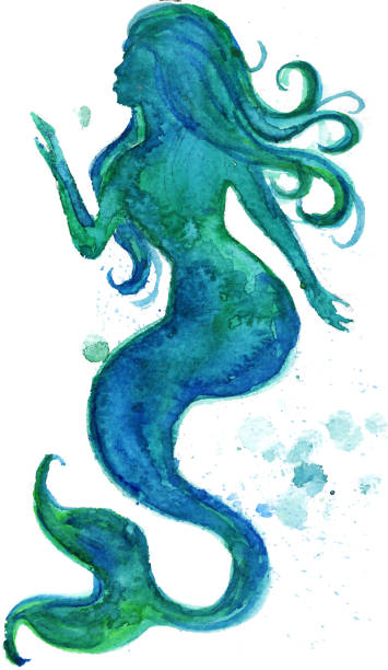 aquarell silhouette einer meerjungfrau - meerjungfrau stock-grafiken, -clipart, -cartoons und -symbole