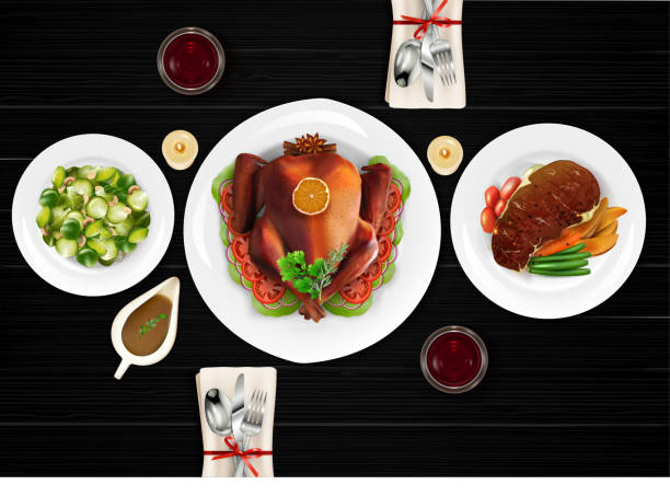 illustrations, cliparts, dessins animés et icônes de steak de viande cuite avec le rôti de dinde et salade sur la table en bois foncé - candle meat turkey holiday