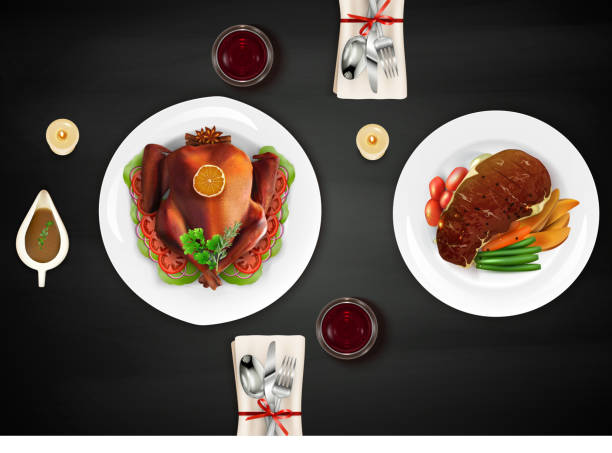 illustrations, cliparts, dessins animés et icônes de composition turquie albums réalistes avec des friandises et des grillades sur table - candle meat turkey holiday