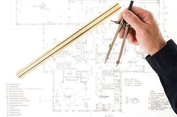 чертеж и инструменты для черчения - architect drafting work tool building contractor стоковые фото и изображения