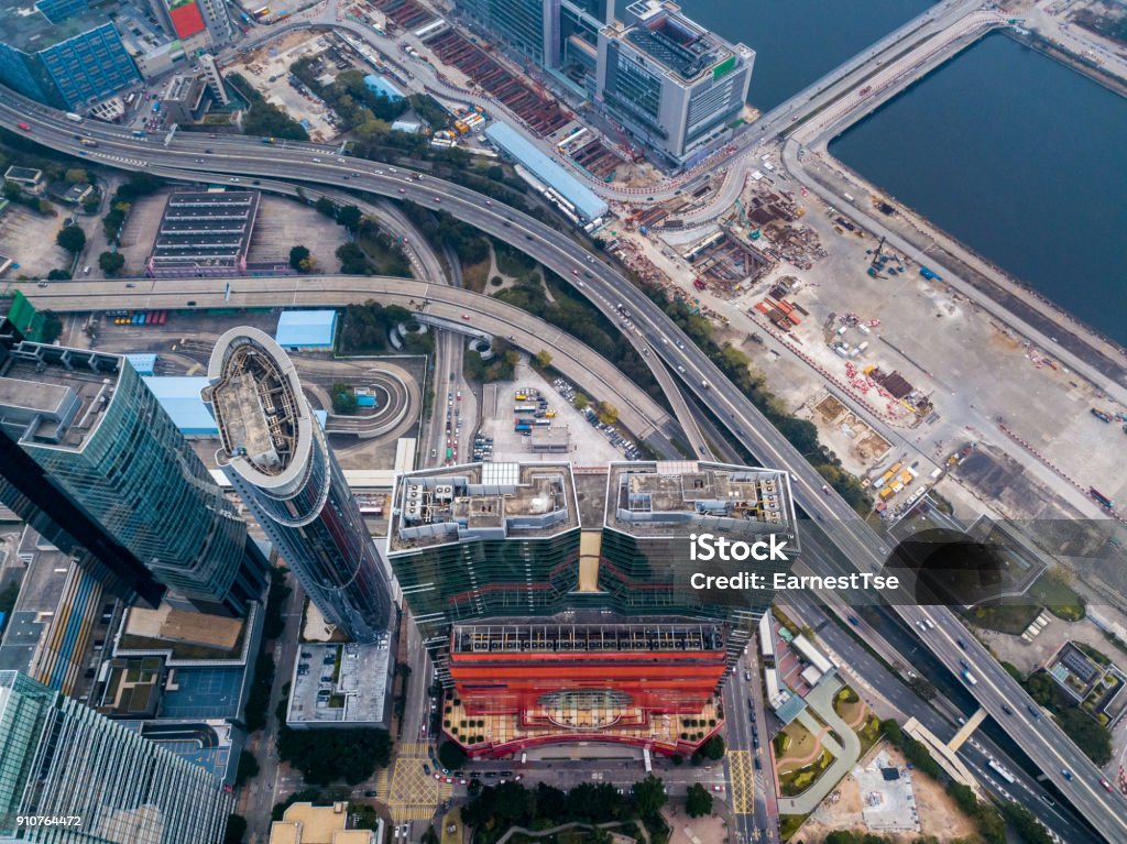 Business District of Hong Kong from drone view Aerial View Stock Photo
