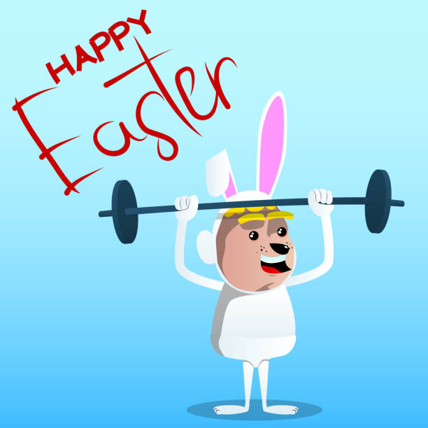 ilustraciones, imágenes clip art, dibujos animados e iconos de stock de niño disfrazado de conejo de pascua con barras de elevación. - easter rabbit baby rabbit mascot