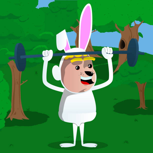 ilustraciones, imágenes clip art, dibujos animados e iconos de stock de niño disfrazado de conejo de pascua con barras de elevación. - easter rabbit baby rabbit mascot