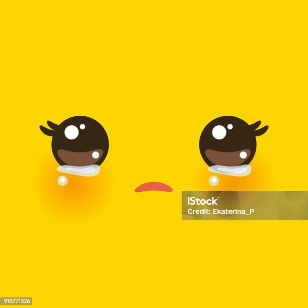 Kawaii Funny Muzzle With Pink Cheeks And Big Eyes Cute Cartoon Crying Face On Yellow Orange Background Vector Stock Illustration - Download Image Now