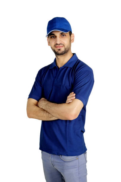 istock Male courier folded his arms on studio 910775760