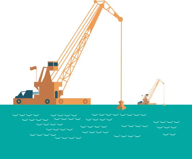 Vector illustration of Huge crane barge Industrial ship that digs sand marine dredging digging sea bottom. light sea green, pastel colors on white background. Vector