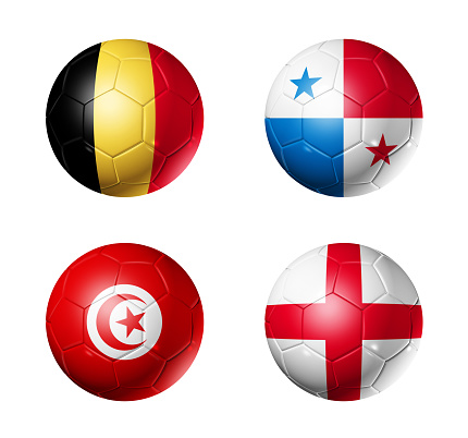 3D soccer balls with group G teams flags, Football competition Russia 2018. isolated on white