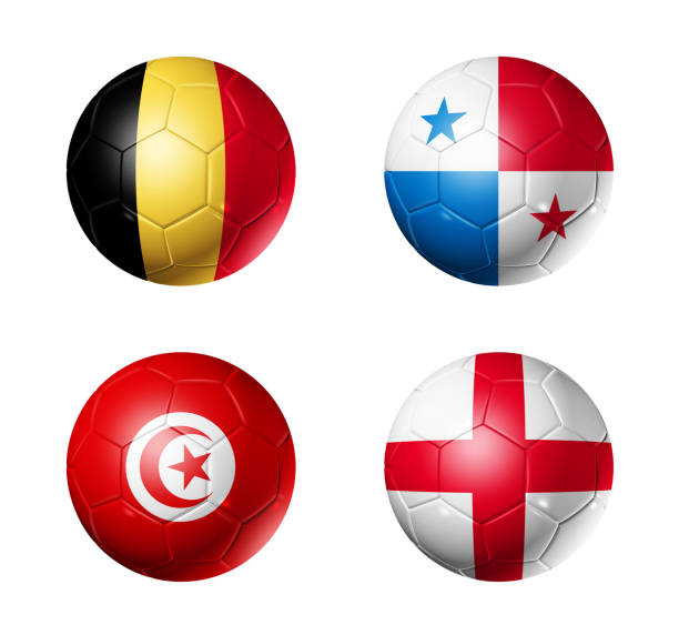 Russia football 2018 group G flags on soccer balls 3D soccer balls with group G teams flags, Football competition Russia 2018. isolated on white 3d panama flag stock pictures, royalty-free photos & images