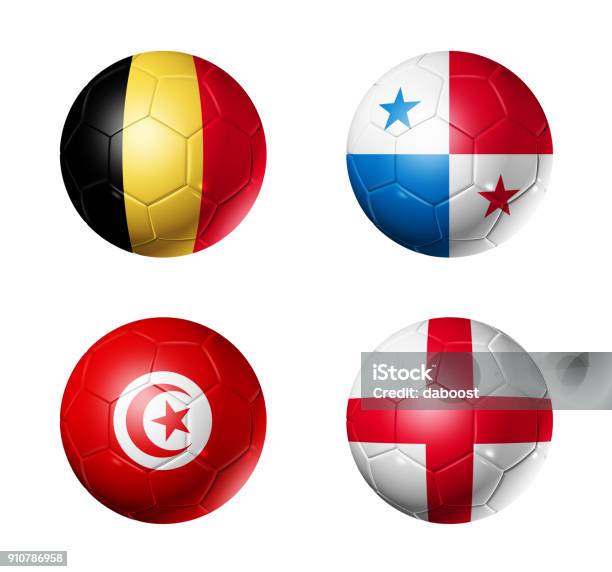 Russia Football 2018 Group G Flags On Soccer Balls Stock Photo - Download Image Now - England, Soccer, Sports Ball