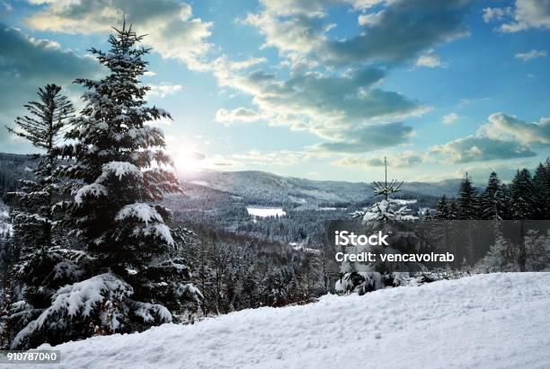 Snowy Winter Landscape At Sunset In Czech Republic Stock Photo - Download Image Now