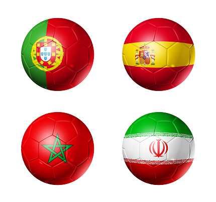 3D soccer balls with group B teams flags, Football competition Russia 2018. isolated on white