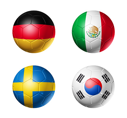 3D soccer balls with group F teams flags, Football competition Russia 2018. isolated on white