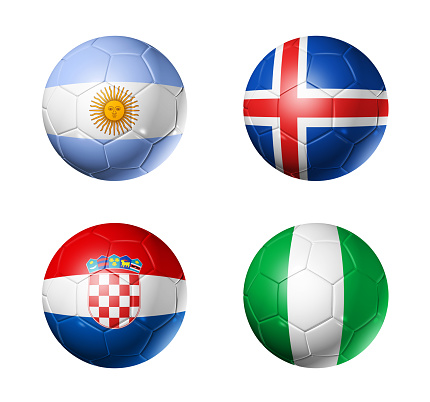 3D soccer balls with group D teams flags, Football competition Russia 2018. isolated on white