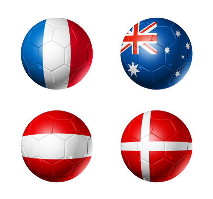 3D soccer balls with group C teams flags, Football competition Russia 2018. isolated on white