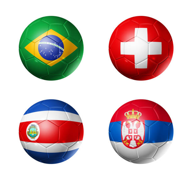 russland fußball 2018 gruppe e flaggen auf fußbälle - serbia stock-fotos und bilder