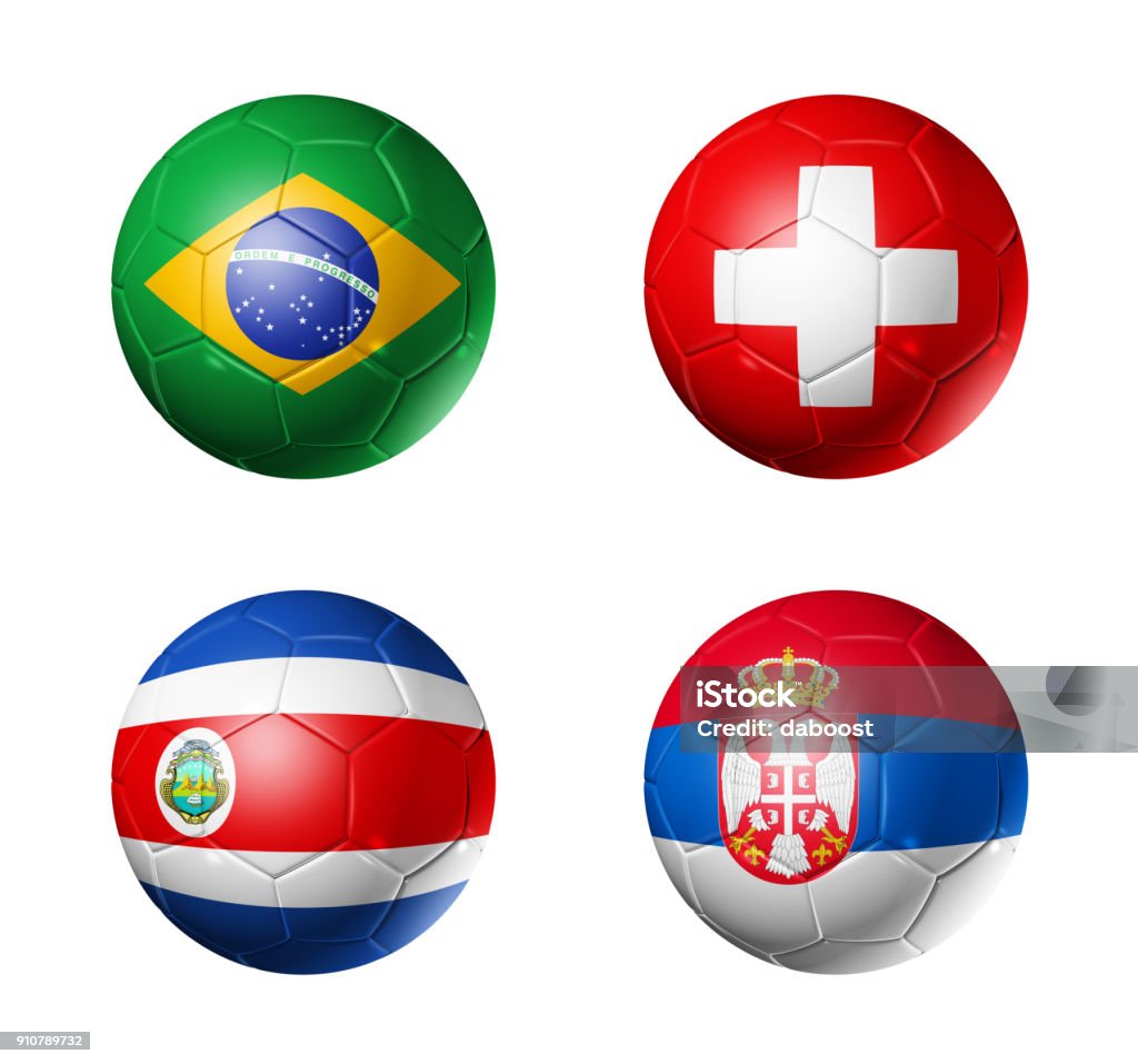 Russia football 2018 group E flags on soccer balls 3D soccer balls with group E teams flags, Football competition Russia 2018. isolated on white Serbia Stock Photo