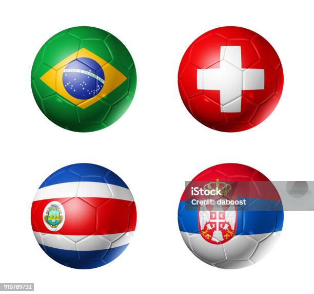 Russia Football 2018 Group E Flags On Soccer Balls Stock Photo - Download Image Now - Serbia, Brazil, Sports Ball