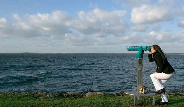 istock Future outlook - Woman looking through coin-operated binoculars lakeside (XL) 91078983