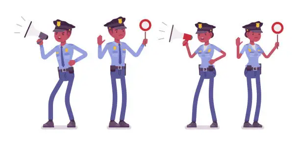Vector illustration of Young black police officers with signals