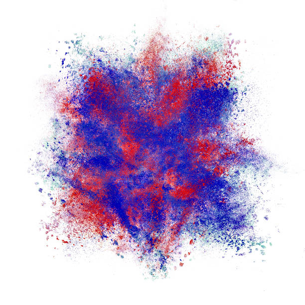 Abstract exploding colorful blue and red powder, isolated on white background.