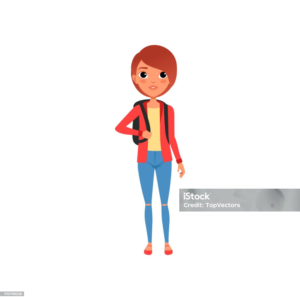 Cartoon female character in red jacket, yellow t-shirt and blue jeans. Girl with brown hair and with backpack on shoulders. Stylish teenage clothes. Flat vector design Cartoon female character in red jacket, yellow t-shirt and blue jeans. Girl with brown hair and with backpack on shoulders. Stylish teenage clothes. Vector illustration in flat style isolated on white Beauty stock vector