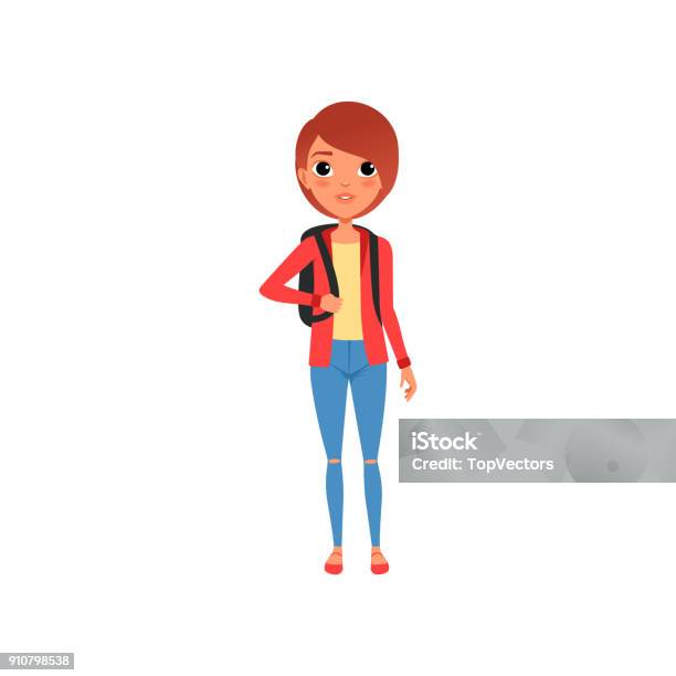 Cartoon Female Character In Red Jacket Yellow Tshirt And Blue Jeans Girl With Brown Hair And With Backpack On Shoulders Stylish Teenage Clothes Flat Vector Design Stock Illustration - Download Image Now