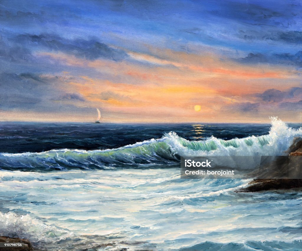 Ocean waves Original  oil painting of beautiful golden sunset over ocean beach on canvas.Modern Impressionism, modernism,marinism"n Painting - Activity Stock Photo