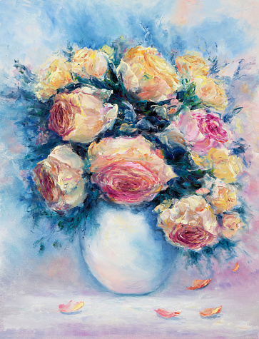 Original  oil painting of beautiful vase or bowl of fresh roses  on canvas.Modern Impressionism, modernism,marinism\