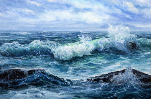 Original oil painting showing waves in  ocean or sea on canvas. Modern Impressionism, modernism,marinism\
