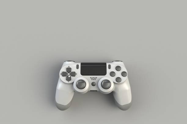istock Computer game competition. Gaming concept. White joystick isolated on gray background, 3D rendering 910801614