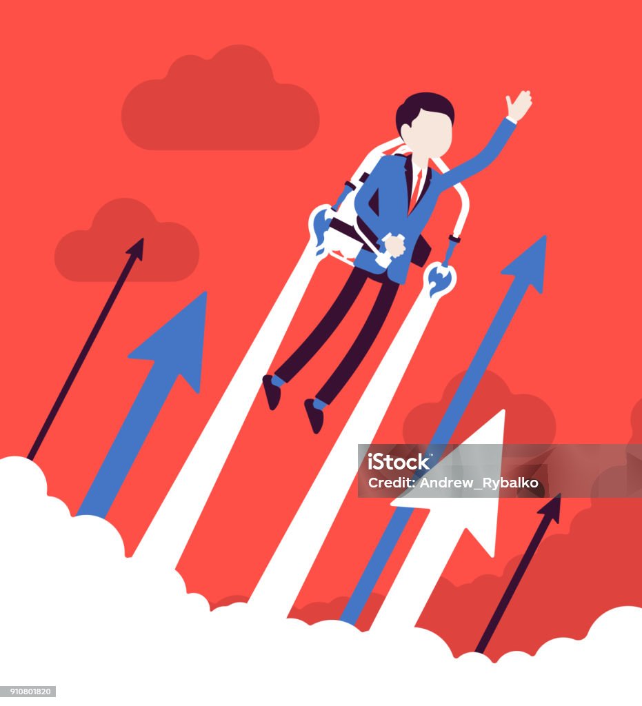 Jetpack businessman flight Jetpack businessman flight. Young man with backpack device, got a push into the air to success, flying up to profit, achieving of results. Vector business concept illustration with faceless characters Child stock vector