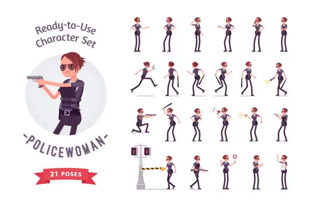 Vector illustration of Young policewoman ready-to-use character set