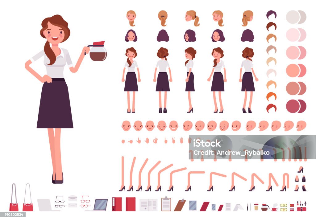 Young secretary character creation set Young secretary character creation set. Lady works in office with correspondence. Full length, different views, emotions, gestures. Build your own design. Cartoon flat style infographic illustration Characters stock vector