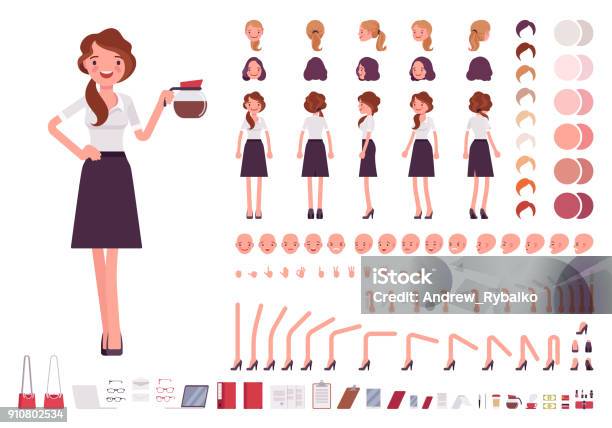 Young Secretary Character Creation Set Stock Illustration - Download Image Now - Characters, Group Of Objects, Coffee - Drink