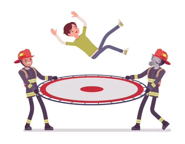 Vector illustration of Young male firefighters with life net